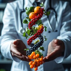 Doctor holding a DNA strand made of fruits and vegetables, representing nutrition science and healthy diet