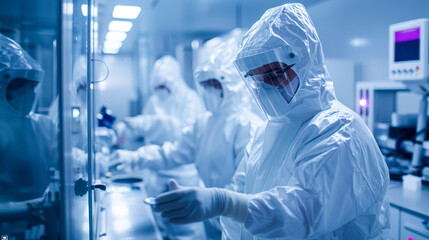 Cleanroom engineers in protective suits work on satellite manufacturing. Their focus and precision highlight importance of safety in high tech environments.