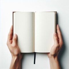 Hands holding blank book with white empty background, top view on transparent background PNG
