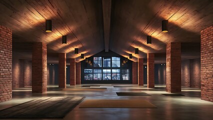 Brick concrete room with ceiling lamps