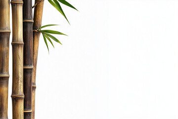 Naklejka premium Dried bamboo trunk with bamboo leaf isolated on white background, Brown bamboo stick on left side.
