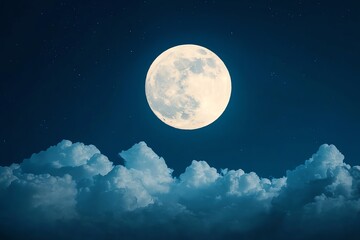 Bright moon shining through a partly cloudy night sky, clear weather, tranquil evening