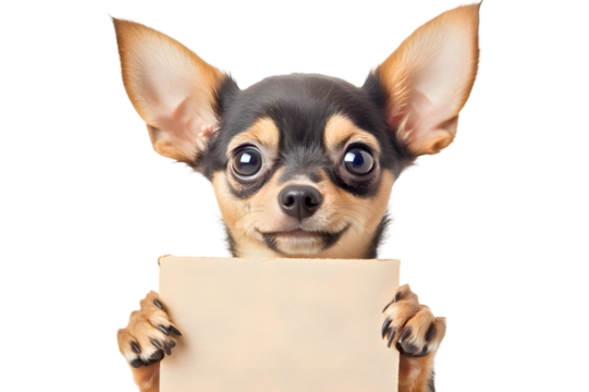 Small Chihuahua puppy holding blank banner isolated on transparent background