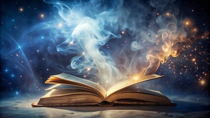 Mysterious Book Woven from Mist and Starlight Unveiling Soul Stories. Perfect for: Mystical wisdom events, Cosmic gatherings, Spiritual festivals