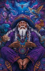 Fototapeta premium A wise shaman surrounded by mystical animals and vibrant colors, embodying spiritual energy and connection to nature.