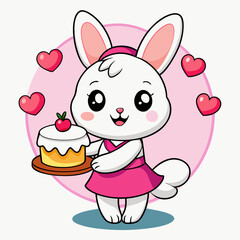 Cute Cartoon White Bunny Girl with Cake Vector Illustration. on A White Background with Hearts, Red Blue Foil Balloons