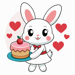 Cute Cartoon White Bunny Girl with Cake Vector Illustration. on A White Background with Hearts, Red Blue Foil Balloons