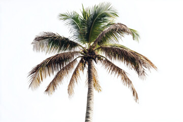 Top of coconut tree isolated on white background, Palm tree with tall trunk.