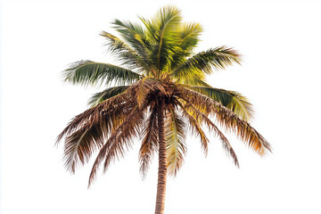 Top of coconut tree isolated on white background, Palm tree with tall trunk.