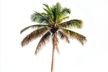 Top of coconut tree isolated on white background, Palm tree with tall trunk and dry leaf.