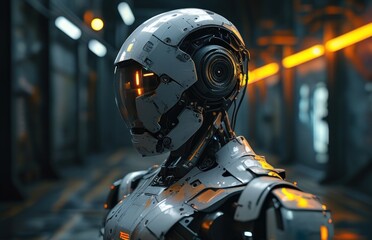 Close-up of a robot wearing a helmet in a dimly lit room.