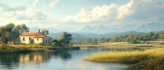 Naklejka premium Rustic Cottage by a Serene Lake with Mountain Views