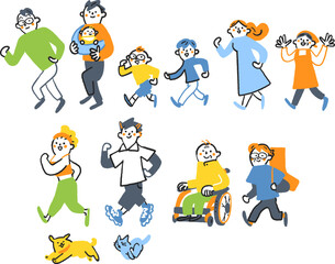 社会と共生　社会に生きる様々な人々が歩い前進しているセットのストックイラスト素材