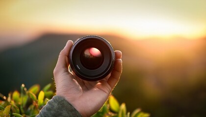 Holding a camera lens in hands, photography technology