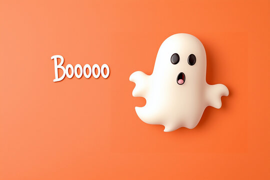 A cartoon ghost with &ldquo;booo&rdquo; written on an orange background. Halloween. Fall themed background. Autumn sale. 