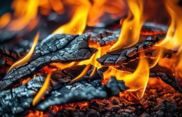 Close-up of flames and burning wood.