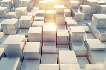 Fototapeta premium Random shifted white cube boxes block background wallpaper banner with copy space, minimalistic, smartphone camera, wide-angle, dusk, grid, digital, surrealism, soft artificial light