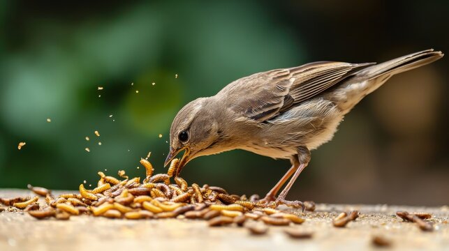 4h a bird eating dried mealworms, dried mealworms falling to the ground