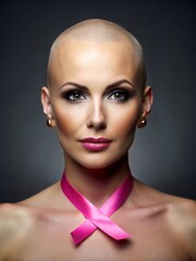 Striking image of a bald woman embodying breast cancer awareness, emphasizing October’s Pink Month and the strength of the community.