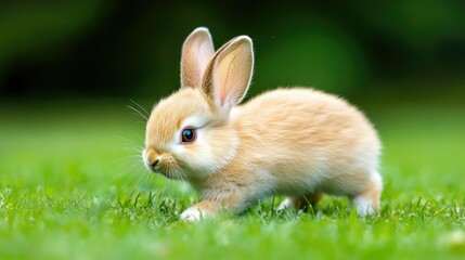 Fototapeta premium Charming baby bunny hopping across a green lawn, pausing to bite the grass. A delightful scene for pet lovers showcasing the natural behavior of rabbits.