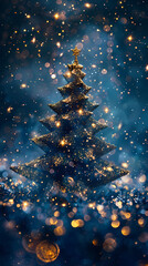 Obraz premium Luxury christmas and happy new year concept background,paper cut style, glittering gold christmas tree with stars on dark blue bokeh background