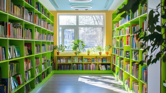 Cheerful library section with bright green bookshelves filled with children's books, promoting reading for kids, Novosibirsk, Russia, April, colorful and inviting setting