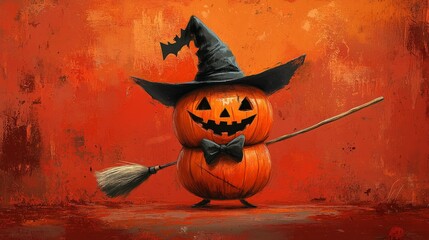 Whimsical Halloween Pumpkin Character Dressed as an Evil Witch