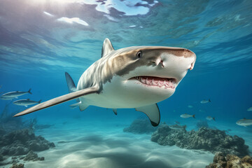 Fototapeta premium Shark Marine Animal Swimming In A Clear Blue Ocean Sea