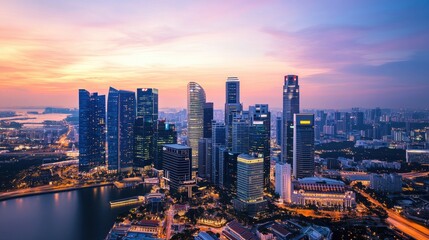 Fototapeta premium Aerial view of a vibrant city skyline at sunset with modern skyscrapers and waterfront.