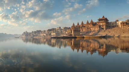 Fototapeta premium A panoramic view of the Ganges River in Varanasi, with ghats and temples reflecting in the water, devoid of any people