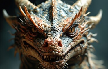 Close-up of a dragon's head featuring a sharp tooth.