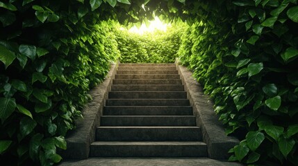 Stairway to Heaven A Symbolic Path of Hope and Spiritual Growth, Image of Stone Steps Leading Through Lush Foliage Towards a Bright Light, Representing Eternity, Inspiration, and the Journey to the