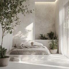 Zen Inspired White Bedroom with Earthy Tones and Planters