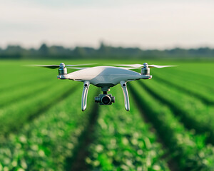A drone flying over a vibrant green field, capturing aerial views for agriculture and farming purposes.