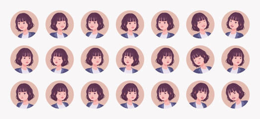 Effective good looking business young woman, female avatar nice portrait set, appearance bundle. Different feelings face emotion icons, player character mood, user pic circles. Vector illustration