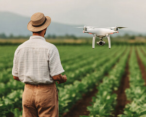 A farmer using a drone to monitor crops in a lush green field under a clear sky.