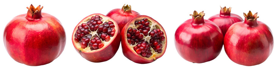 A collection of fresh red pomegranate halves, sliced, on a white background. The concept of delicious and healthy food.