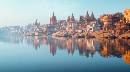 Obraz premium A panoramic view of the Ganges River in Varanasi, with ghats and temples reflecting in the water, devoid of any people