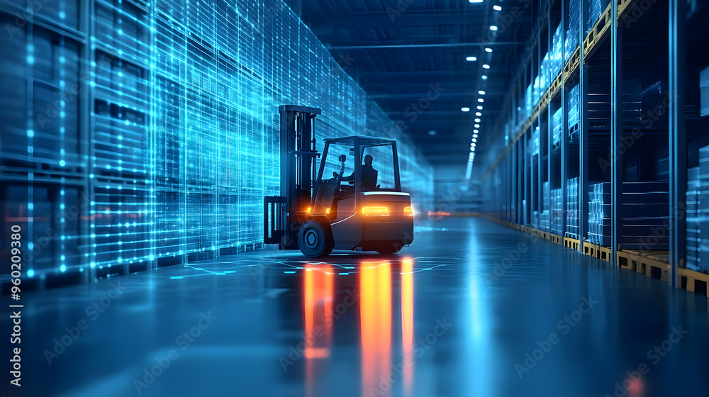 Poster A forklift in a modern warehouse with digital elements.