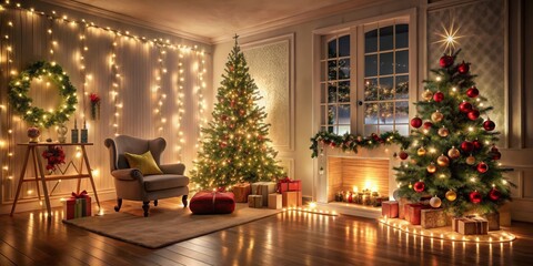 Festively decorated room with Christmas tree and lots of lights