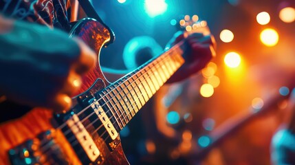 Obraz premium The intensity of a rock concert captured in a close-up of electric guitar strumming, with vibrant lights and crowd energy in the background.