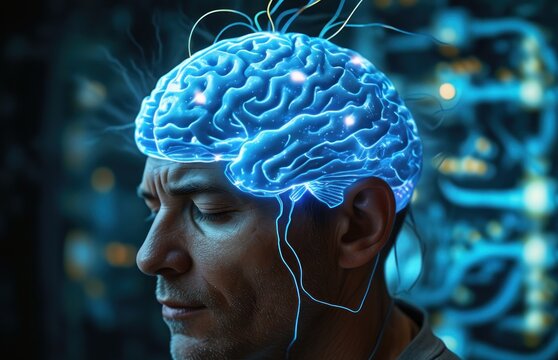 Man with brain wire attached to his head