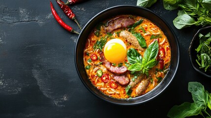 Close-up of a spicy Nyonya Laksa soup with pieces of pork bacon, sliced sausage, and a perfectly cooked egg yolk, surrounded by fresh herbs and chili peppers, top view