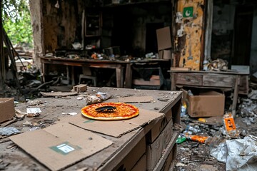 Cockroach on Pizza in a Rundown Building