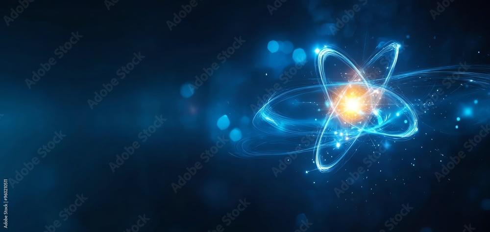 Wall mural a vibrant, glowing atom illustration with bright particles against a blue background, symbolizing en