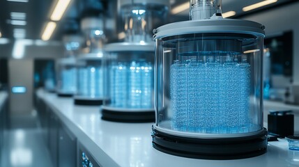 Futuristic biotech lab with bioreactors cultivating cells for tissue engineering