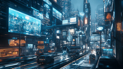 A futuristic city with holographic entertainment displays and intelligent AI traffic management