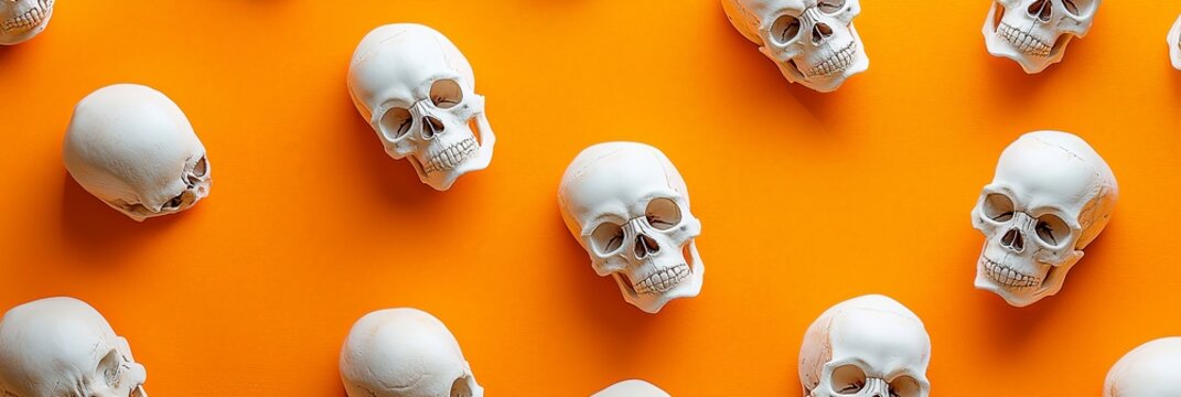 The picture features multiple white human skulls arranged in a regular pattern against a bright orange background, creating a stark and dramatic contrast.