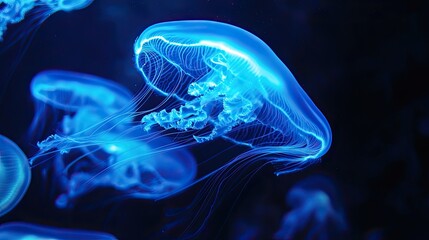 Obraz premium Close-up of jellyfish with neon blue illumination highlighting their intricate tentacles, set against a pitch-black aquarium background