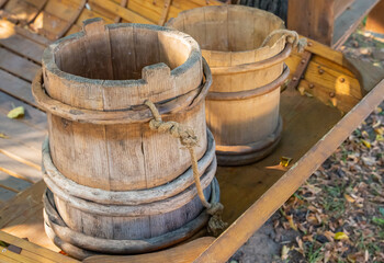 handmade wooden buckets from natural materials, water container